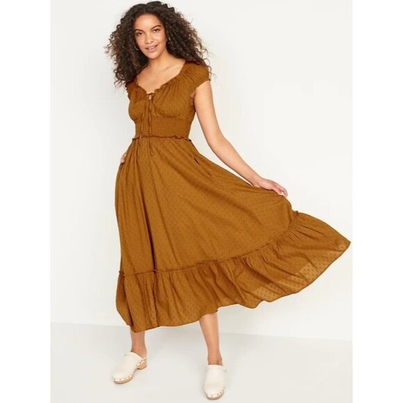 Old Navy Babydoll Maxi Dress Womens S Miner's Gold Milkmaid Cottagecore - Picture 1 of 7